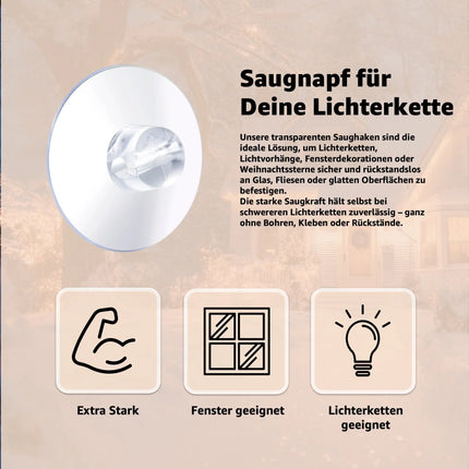 20x Saugnäpfe - Saughaken für Lichterketten - Saugnapfhalter mit Schlitz für Fenster & Scheibe - Haken zur Halterung