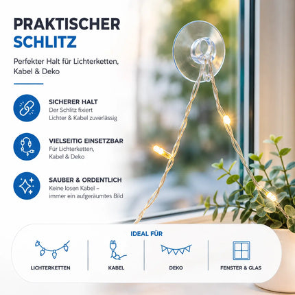 20x Saugnäpfe - Saughaken für Lichterketten - Saugnapfhalter mit Schlitz für Fenster & Scheibe - Haken zur Halterung