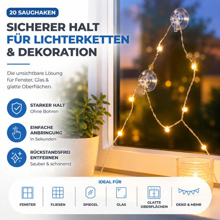 20x Saugnäpfe - Saughaken für Lichterketten - Saugnapfhalter mit Schlitz für Fenster & Scheibe - Haken zur Halterung