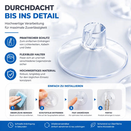 20x Saugnäpfe - Saughaken für Lichterketten - Saugnapfhalter mit Schlitz für Fenster & Scheibe - Haken zur Halterung