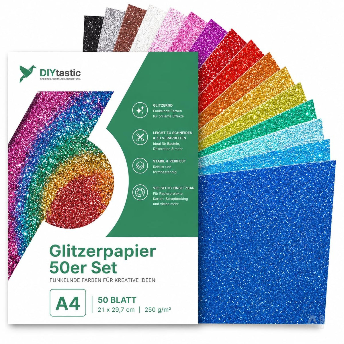 50 Blatt Glitzerpapier A4, 250 g/m² – Buntes Glitter-Bastelpapier und Fotokarton