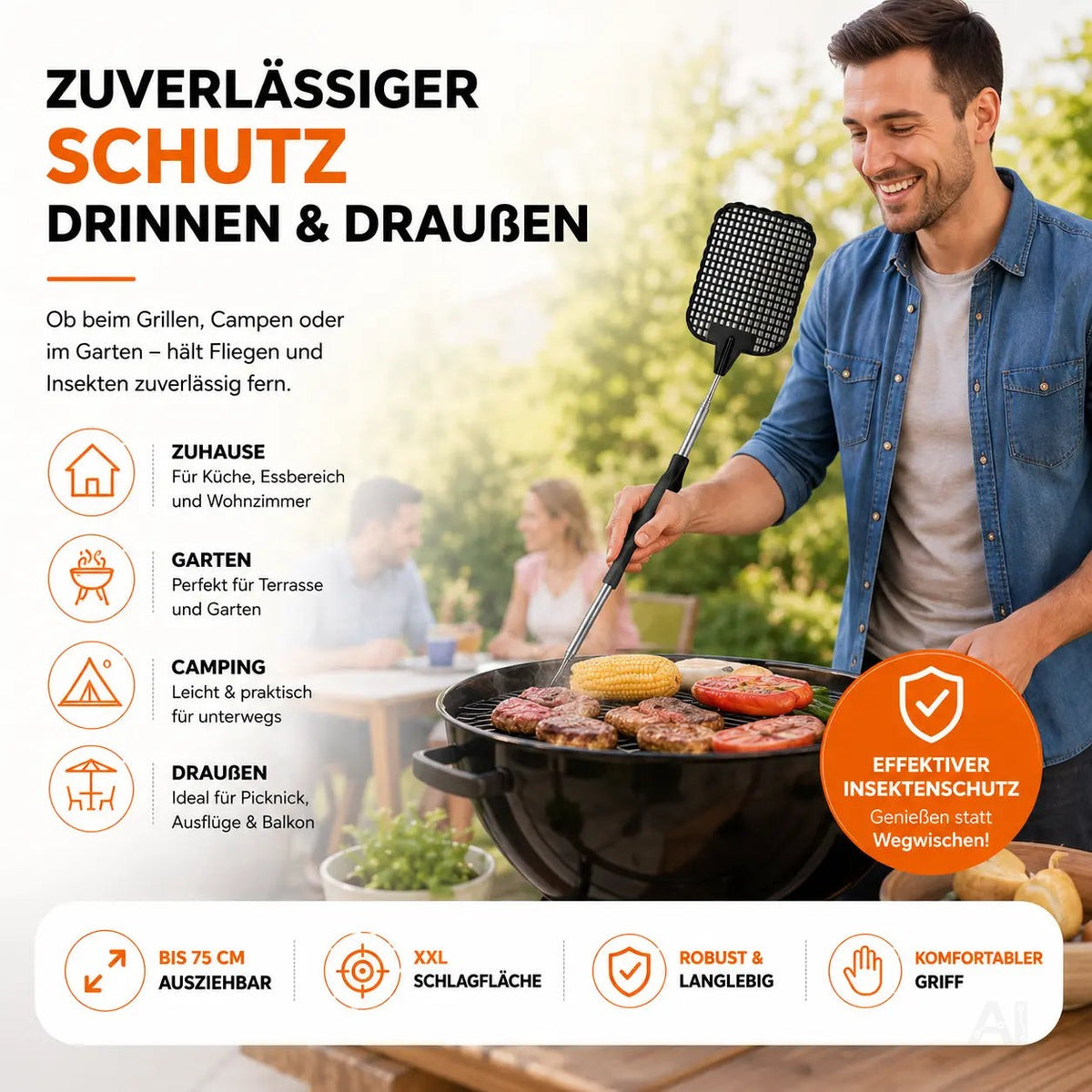 2X Fliegenklatsche XXL 75 cm ausziehbar - Insektenklatsche mit Teleskop für Fliegen & Insekten – Detailansicht 3