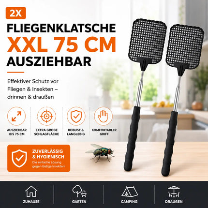 2X Fliegenklatsche XXL 75 cm ausziehbar - Insektenklatsche mit Teleskop für Fliegen & Insekten