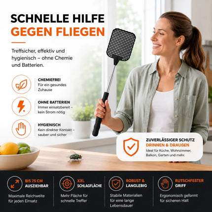 2X Fliegenklatsche XXL 75 cm ausziehbar - Insektenklatsche mit Teleskop für Fliegen & Insekten