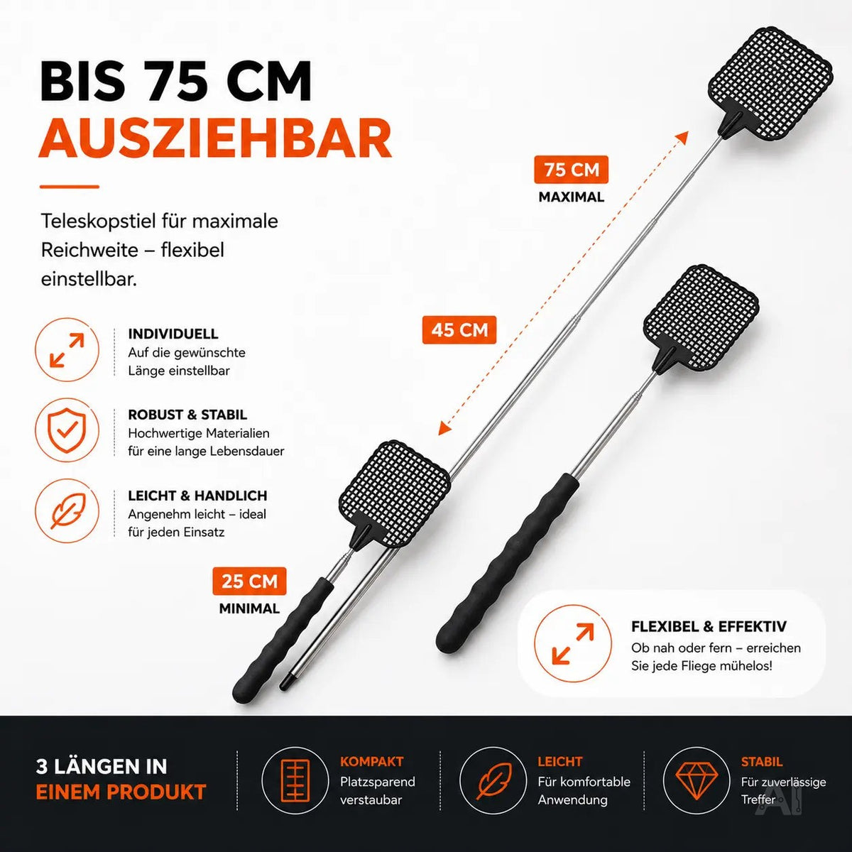 2X Fliegenklatsche XXL 75 cm ausziehbar - Insektenklatsche mit Teleskop für Fliegen & Insekten – Detailansicht 6