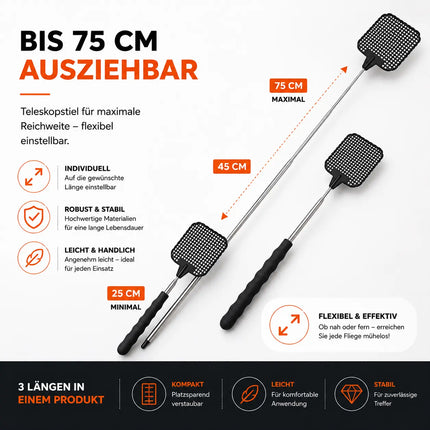 2X Fliegenklatsche XXL 75 cm ausziehbar - Insektenklatsche mit Teleskop für Fliegen & Insekten