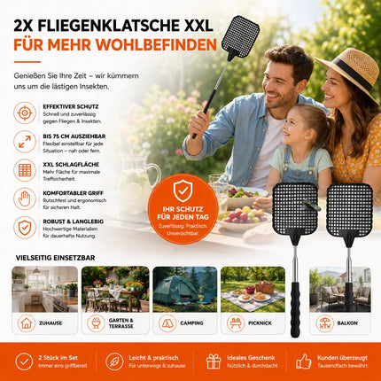 2X Fliegenklatsche XXL 75 cm ausziehbar - Insektenklatsche mit Teleskop für Fliegen & Insekten