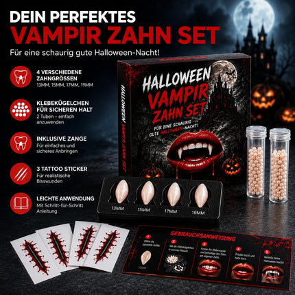 XXL Vampirzähne zum Aufstecken & Aufkleben – Vampirzähne für Dracula- & Vampirkostüm – Halloween, Karneval & Mottoparty
