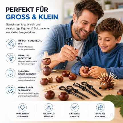 Kastanienbohrer Set – Kastanien Bastelset für Herbst, Figuren & Kastanienmännchen – Bohrer in verschiedenen Größen zum Basteln