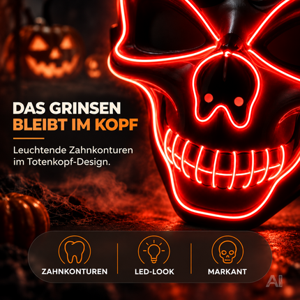 LED Halloween Totenkopf Maske im Purge-Stil, steuerbare Leuchtmaske für Herren & Damen, Kostüm-Accessoire für Fasching & Karneval (LED Totenkopf - Rot)