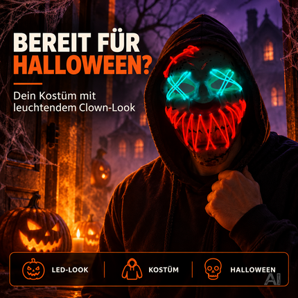 LED Halloween Clown Maske im Purge-Stil, steuerbare Leuchtmaske mit leuchtendem Gesicht für Herren & Damen, Kostüm-Accessoire für Fasching & Karneval (LED Horror Clown)