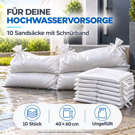 10x Sandsäcke 40x60 cm mit Schnürband zum Wasserschutz bei Hochwasser ungefüllt - Hochwasserschutz - Sack & Gewebesack