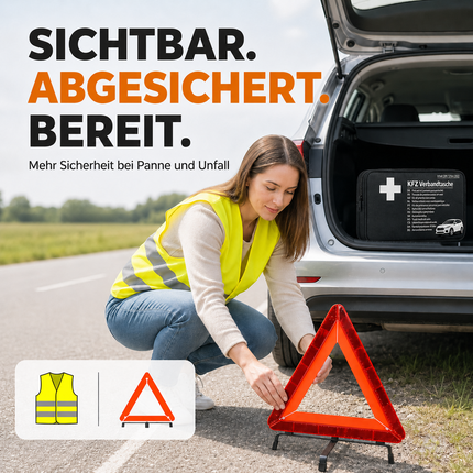 3 in 1 KFZ Set - KFZ-Verbandskasten, Warnweste, Warndreieck - Pannenset & Unfallzubehör für PKW – Detailansicht 2