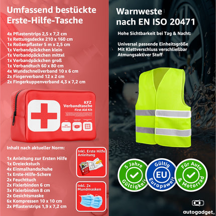 2 in 1 - Auto Erste Hilfe Set 2024 - Verbandstasche & Warnweste Pannenweste