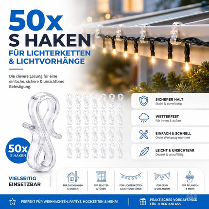 50x S-Haken für Lichterketten & Lichtvorhänge – Dachrinnenhaken zur Befestigung von Weihnachtsbeleuchtung, praktische Halterung für Weihnachtsdeko (50x S Haken)