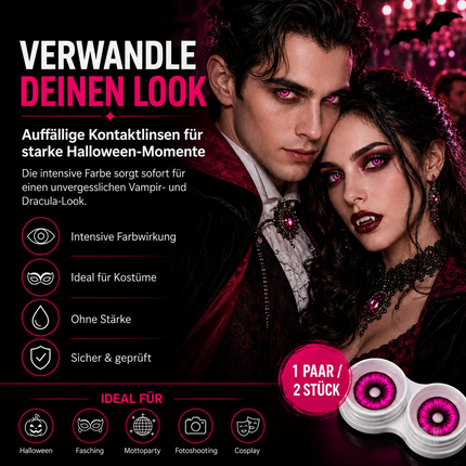 Pink Farbige & Geprüfte Kontaktlinsen - Grußlige Tageslinsen für Halloween & Fasching - ohne Stärke - Vampir & Dracula (Pink, 1 Paar / 2 Stück)