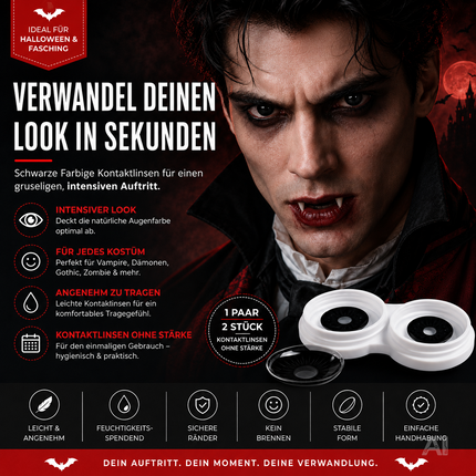 Schwarz Farbige & Geprüfte Kontaktlinsen - Gruselige Tageslinsen für Halloween & Fasching - ohne Stärke - Vampir & Dracula (Schwarz, 1 Paar / 2 Stück)