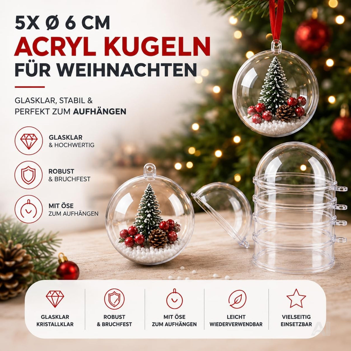 Fünf transparente Kunststoff-Weihnachtskugeln mit Aufhängeösen, Ø 6 cm