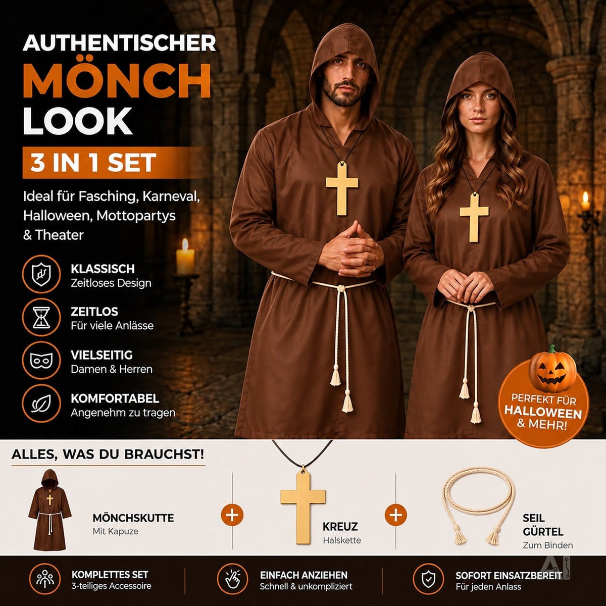 Mönch Kostüm Priester – Mönchskutte mit Kreuz & Kapuze – für Fasching & Karneval & Halloween – Damen & Herren