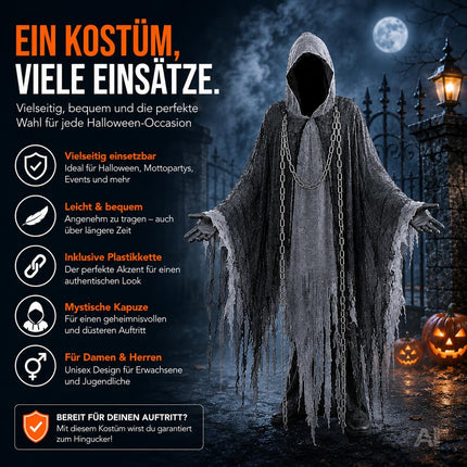Sensenmann Kostüm Erwachsene – Schwarzer Halloween Umhang mit Kette