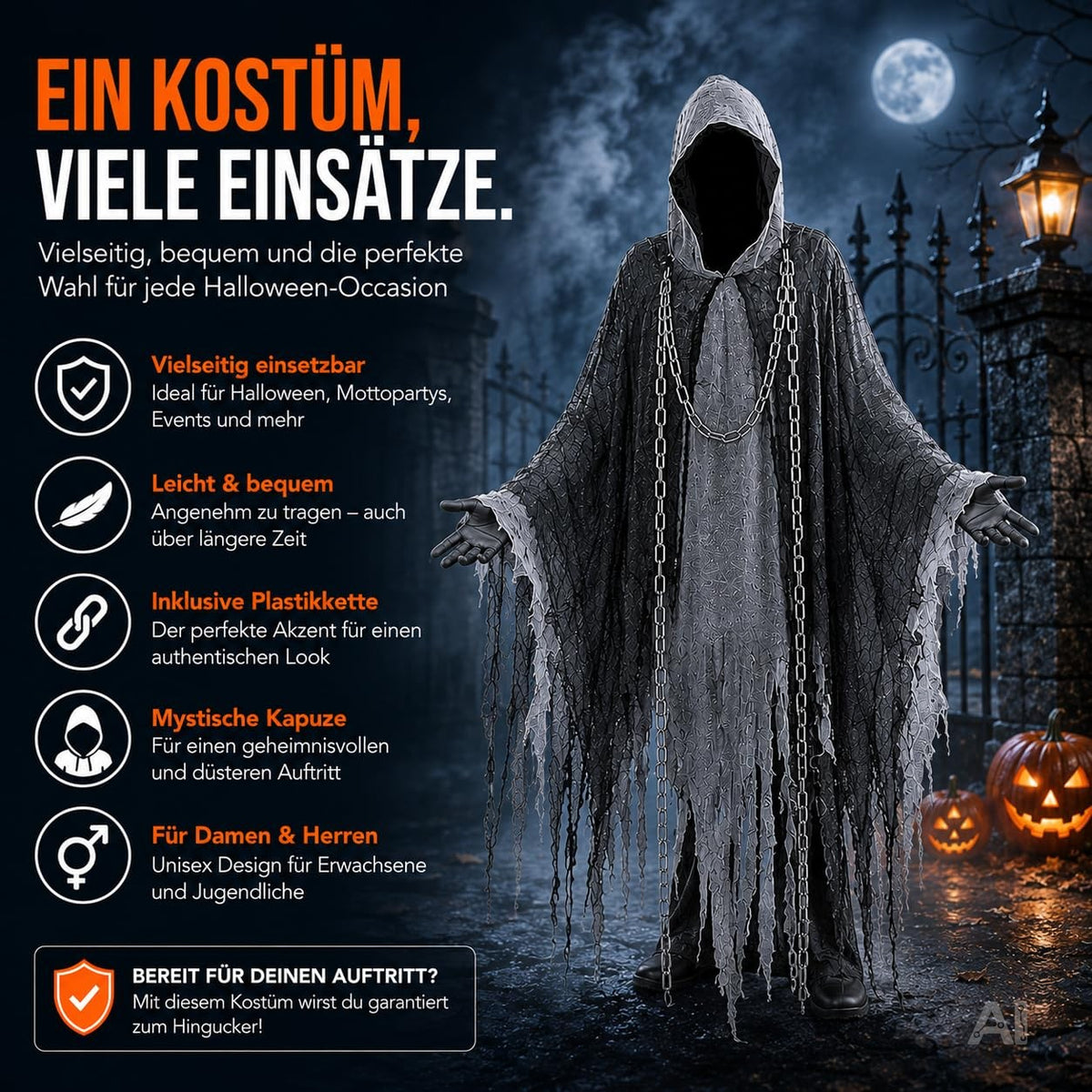 Sensenmann Kostüm Erwachsene – Schwarzer Halloween Umhang mit Kette