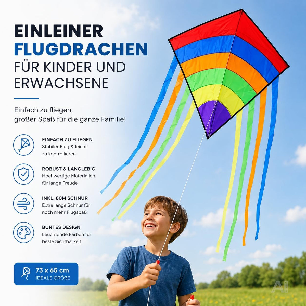 Bunter Einleiner-Drachen mit Drachenschnur – von einem Kind im Freien gehalten