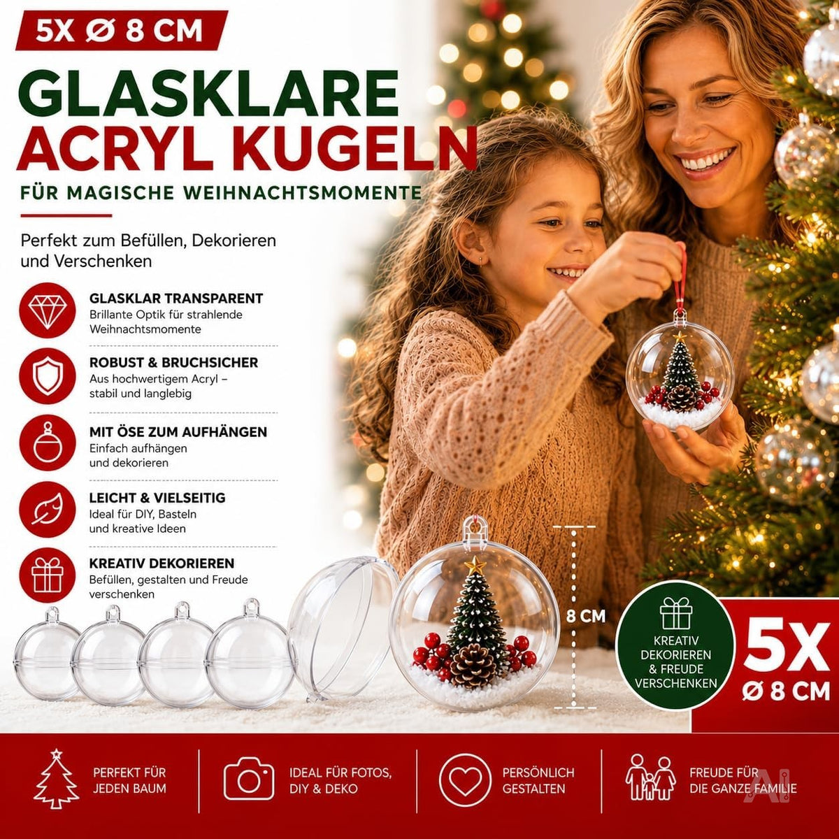 Fünf transparente Kunststoff-Weihnachtskugeln mit Aufhängeösen, Ø 8 cm