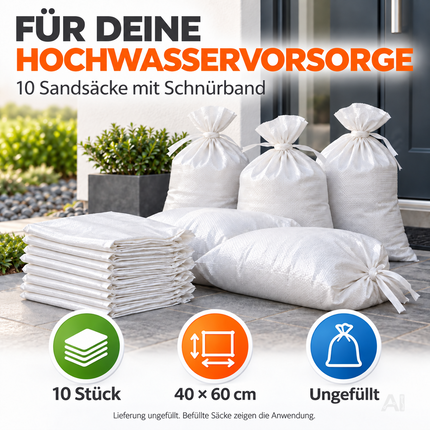 10x Sandsack bei Hochwasser - Hochwasserschutz mit Schnürband - 40x60 cm Sack & Gewebesack zum Wasserschutz ungefüllt