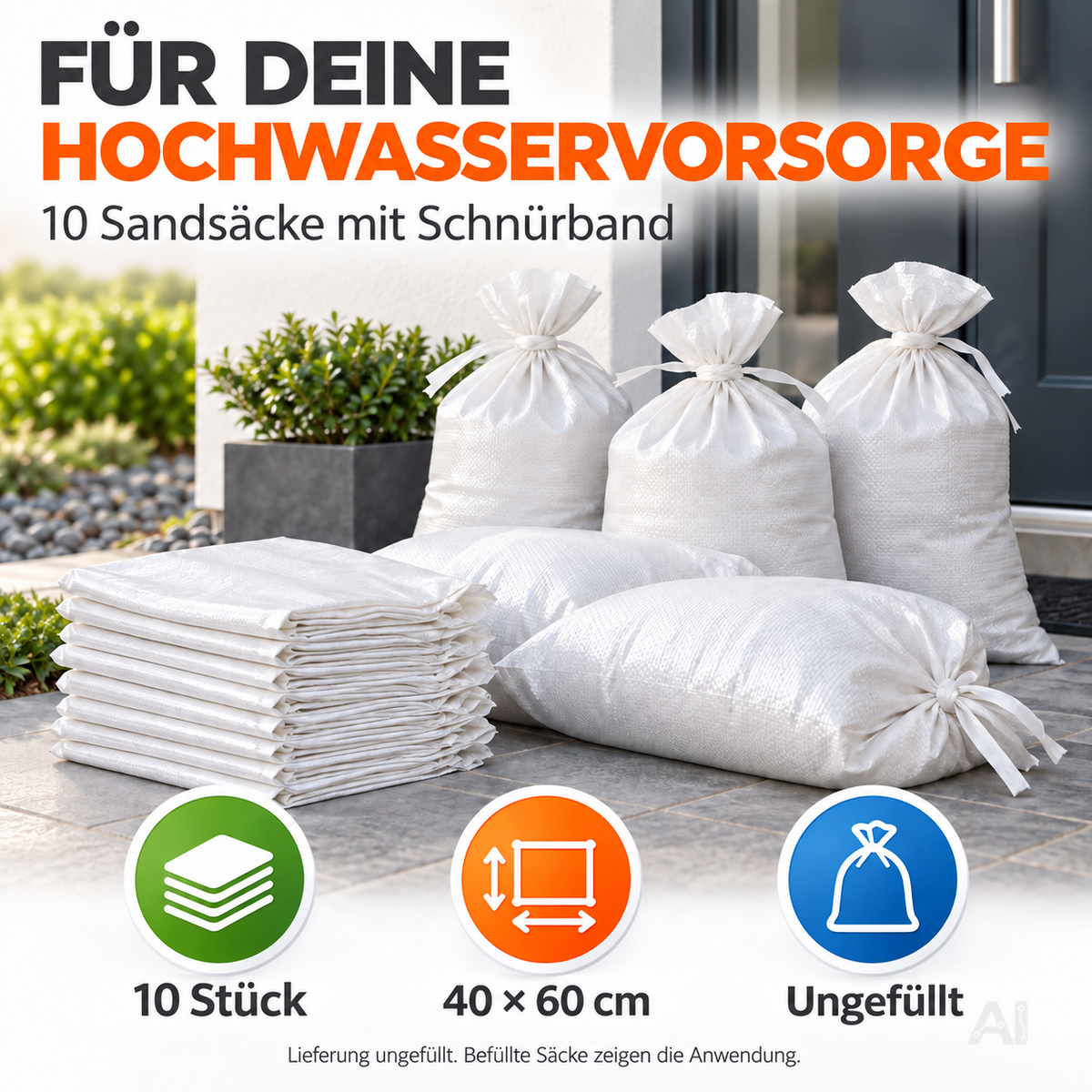 10x Sandsack bei Hochwasser - Hochwasserschutz mit Schnürband - 40x60 cm Sack & Gewebesack zum Wasserschutz ungefüllt