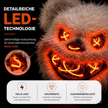 LED Teddy Halloween Maske im Purge-Stil, steuerbare Maske mit leuchtendem Gesicht für Herren & Damen, Kostüm-Accessoire für Fasching & Karneval (LED Horror Teddy)