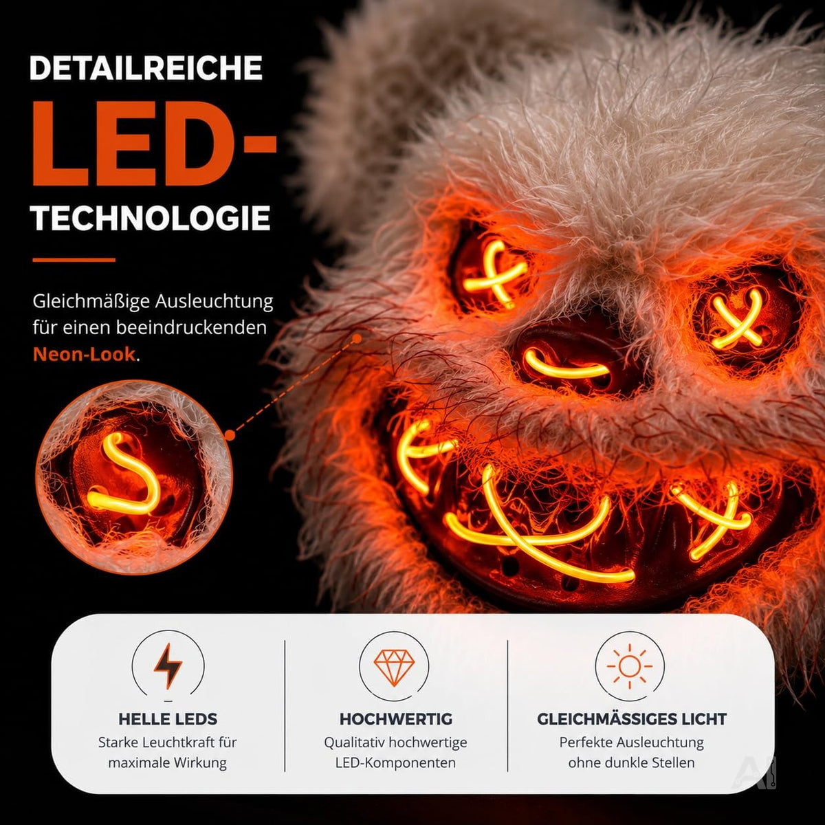 Halloween-Teddymaske mit LED-Beleuchtung – Nahaufnahme der leuchtenden Augen und des Mundes
