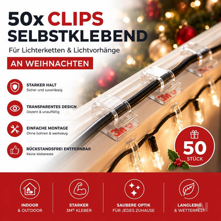 50x Selbstklebende Clips für Lichterketten & Lichtvorhänge – Klebehaken mit Klebestreifen zur Befestigung von Weihnachtsbeleuchtung (50x Klebehaken)