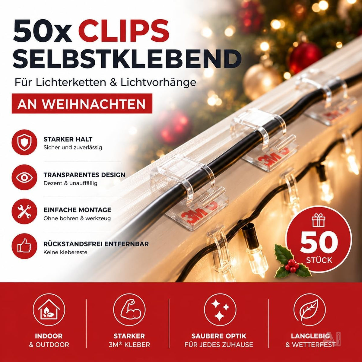 50x Selbstklebende Clips für Lichterketten & Lichtvorhänge – Klebehaken mit Klebestreifen zur Befestigung von Weihnachtsbeleuchtung (50x Klebehaken)