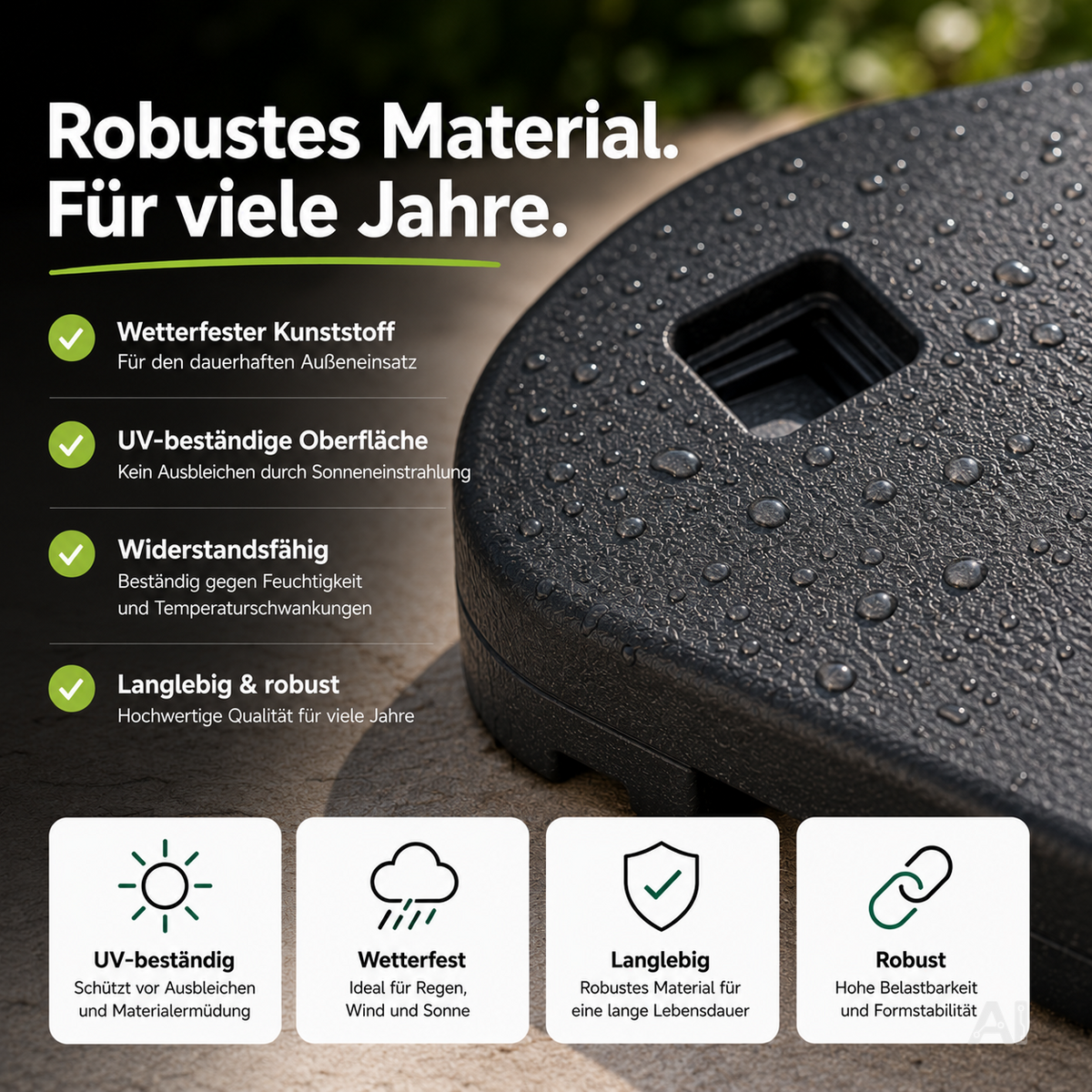 Befüllbare Schirmgewichte für einen Ampelschirm – Nahaufnahme der Oberfläche