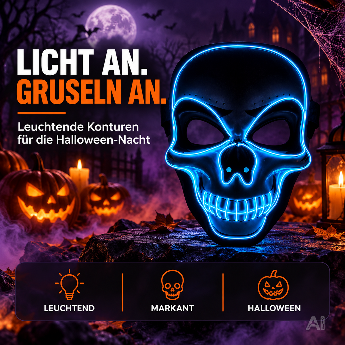 Totenkopfmaske mit blauer LED-Beleuchtung
