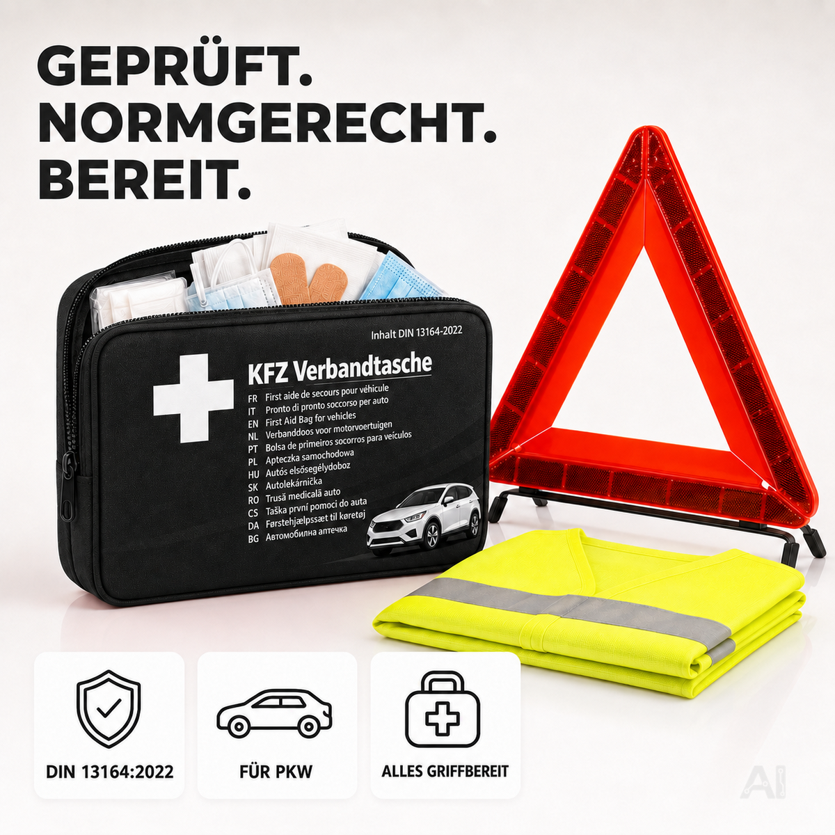 3 in 1 KFZ Pannenset 2026 & Autozubehör - Auto Erste Hilfe Set mit Verbandskasten & Warnweste – Detailansicht 2