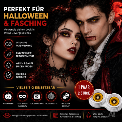 Gelb Farbige & Geprüfte Kontaktlinsen - Grußlige Tageslinsen für Halloween & Fasching - ohne Stärke - Vampir & Dracula (Gelb, 1 Paar / 2 Stück)