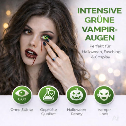 Halloween Kontaktlinsen ohne Stärke – Gruselige Vampir & Dracula Linsen für Fasching, Karneval, Cosplay & Halloween (Grün, 1 Paar / 2 Stück)