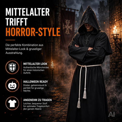 Schwarze Mönch Robe Erwachsene – Halloween Kostüm mit Kapuze