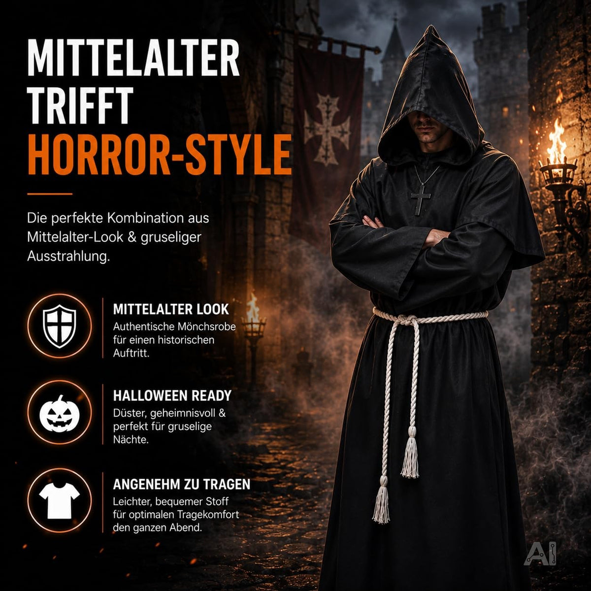 Robe Halloween Erwachsene – Schwarzes Mönch Kostüm mit Kapuze