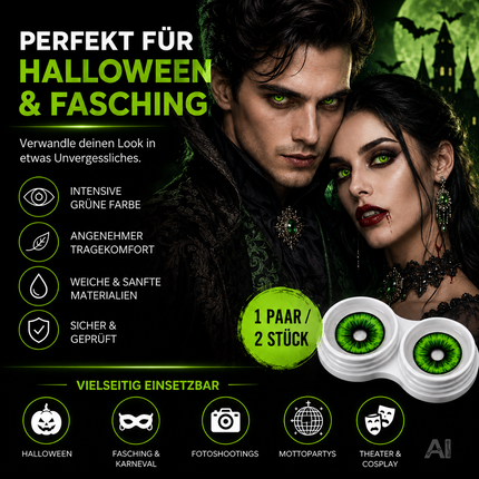 Grün Farbige & Geprüfte Kontaktlinsen - Gruselige Tageslinsen für Halloween & Fasching - ohne Stärke - Vampir & Dracula (Grün, 1 Paar / 2 Stück)