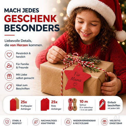 50x Weihnachtsanhänger mit 10 m Schnur – Geschenkanhänger zum Verzieren von Weihnachtsgeschenken, Geschenkdeko für Weihanchten & Advent (50 Set - Mod. 02)