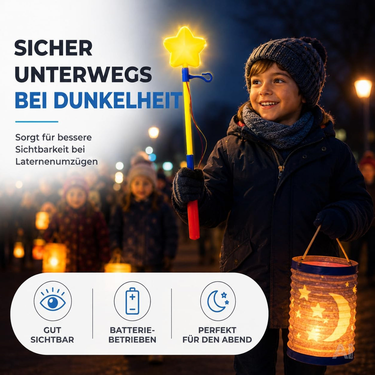 Elektrischer Laternenstab mit Stern und Haken – von einem Kind beim Laternenumzug gehalten