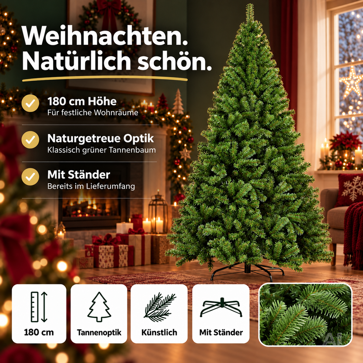 Weihnachtsbaum künstlich 180 cm grün - täuschend echt & naturgetreuer Tannenbaum