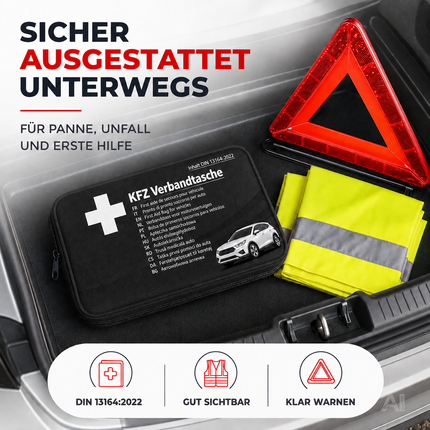 3 in 1 Set Auto Erste Hilfe Kit 2026 - KFZ-Verbandskasten, Warnweste & Pannenset – Detailansicht 2