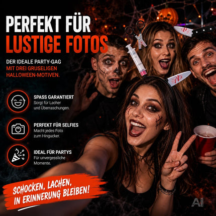 3 in 1 Halloween Horror Accessoire Set – Blutige Spritze, Messer & Schere – Grusel Zubehör für Halloween, Fasching & Kostüm