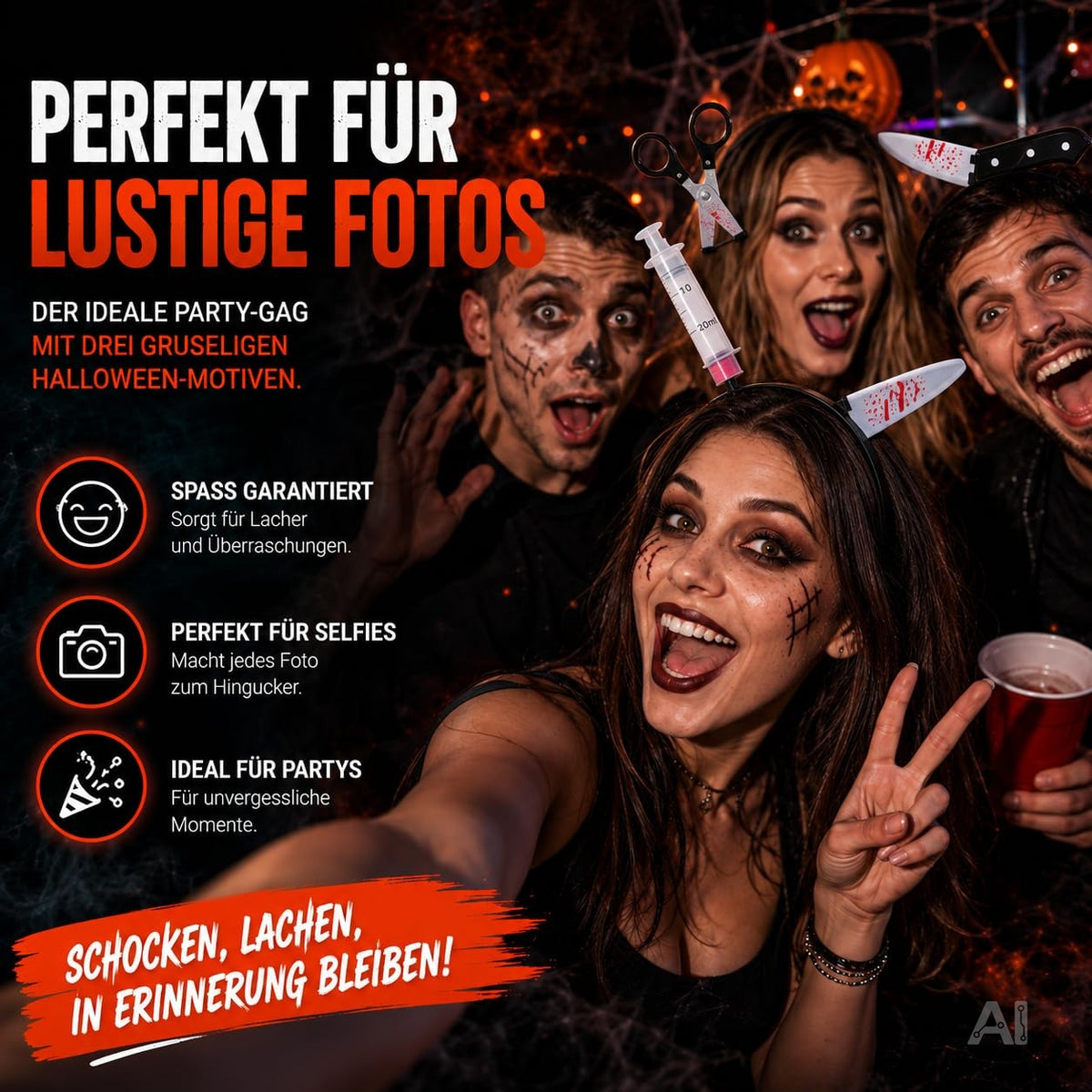 Halloween-Kostümzubehör: Spritze, Messer und Schere mit Bluteffekt