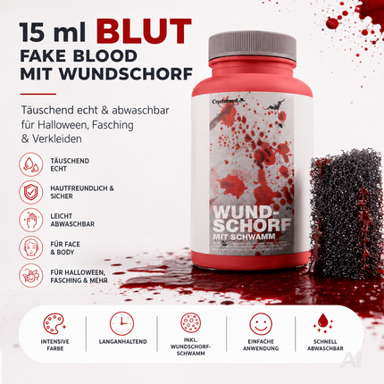 15 ml Blut - Fake Blood mit Wundschorf - täuschend echt & abwaschbar - Kunstblut - für Halloween & Fasching zum Schminken und Verkleiden