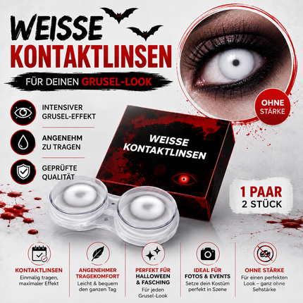 Weiße Farbige & Geprüfte Kontaktlinsen - Gruselige Tageslinsen für Halloween & Fasching - ohne Stärke - Vampir & Dracula (weiß, 1 Paar / 2 Stück)