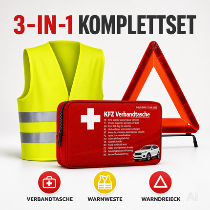 3 in 1 Set Auto Erste Hilfe Kit - KFZ-Verbandskasten, Warnweste, Warndreieck